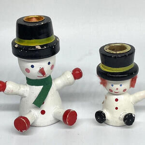 Wooden Snowman Christmas Candle Holders‎ Set of 2 Vintage